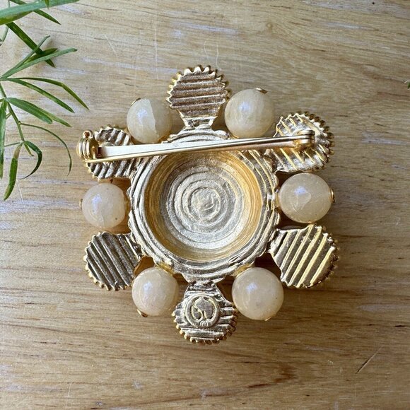 VTG St John Statement Flower Brooch Pin 2" Honey Onyx Rhinestones Gold Tone - Picture 2 of 10
